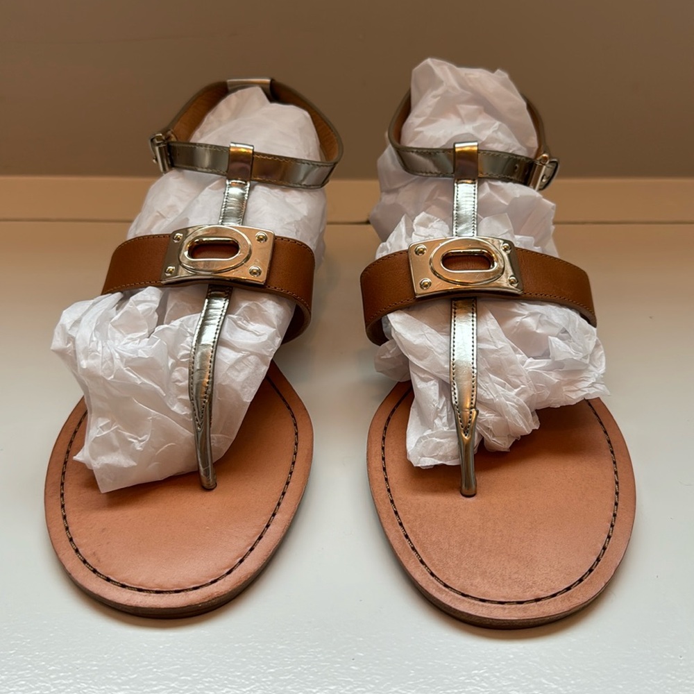 Coach Silver Metallic/Brown Leather Strappy Sandals, size 9.5.  Never worn